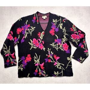 Appleseeds Women XL Sweater Graphic Floral Narrow V Neck Viscose Bright Soft